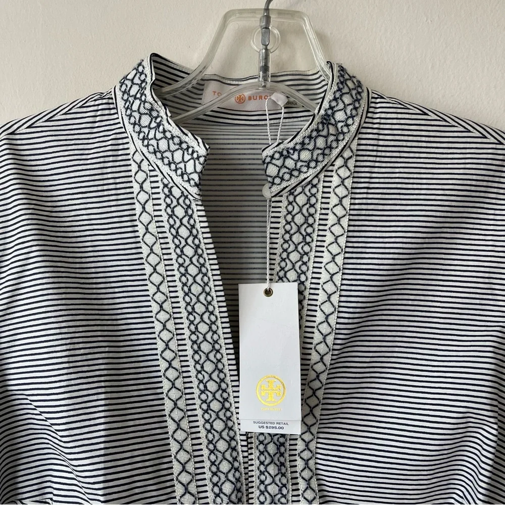 TORY BURCH Skinny Stripe Tunic Top Navy White Embroidered Size 4‎ NWT